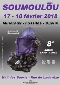 8e SALON MINERAUX FOSSILES BIJOUX de SOUMOULOU (64) - 15 km de PAU - NOUVELLE AQUITAINE - FRANCE. Du 17 au 18 février 2018 à SOUMOULOU. Pyrenees-Atlantiques.  10H00